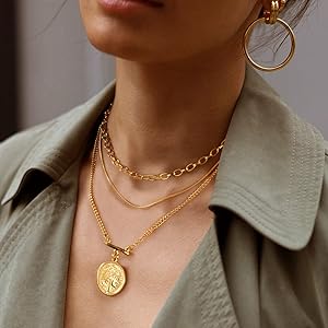 Gold Layered Necklaces for Women Girls Dainty Layering Coin Lock Eye Snake Pendant Jewelry Gifts